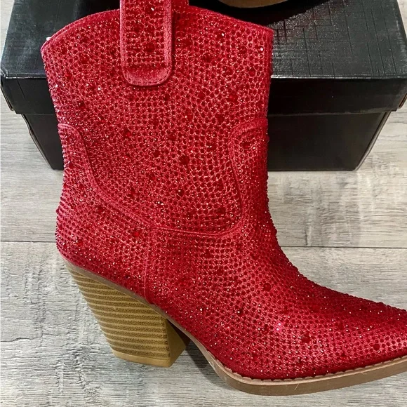 Red Rhinestone Cowgirl Sparkling Pull-on Christmas Party Forever Ankle Booties - Picture 7 of 8